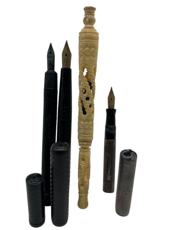 ANTIQUE FOUNTAIN PENS & CARVED BONE DIP PEN: - A BEAUTIFUL BLEND OF UTILITARIAN CRAFTSMANSHIP AND DECORATIVE ARTISTRY – A MUST-HAVE GROUPING FOR PEN HISTORIANS. - UNTESTED FOR FUNCTIONALITY - AS IS - SIGNS OF VINTAGE WEAR CONSISTENT WITH AGE -