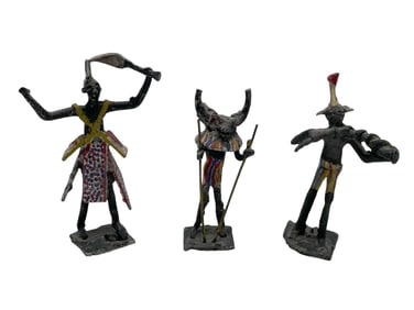SET OF 3 HAND-PAINTED METAL TRIBAL FIGURINES 5"