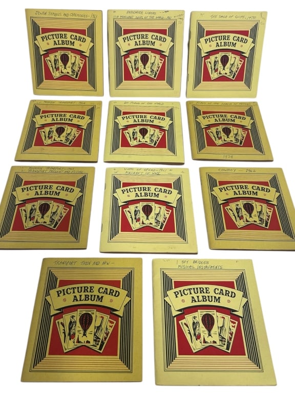 COLLECTION OF VINTAGE CIGARTTE CARDS: EACH FEATURING FULL SETS OF VINTAGE ILLUSTRATED CARDS ON A VARIETY OF HISTORICAL AND EDUCATIONAL THEMES. SUBJECTS INCLUDE "JEWISH SYMBOLS AND CEREMONIES" (1967), "THE SAGA OF SHIPS" (1970), "FLAGS OF 