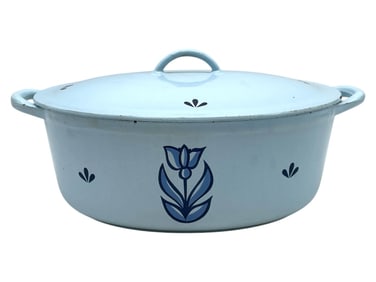 VINTAGE BLUE ENAMEL CAST IRON BAKING DISH 12.5"