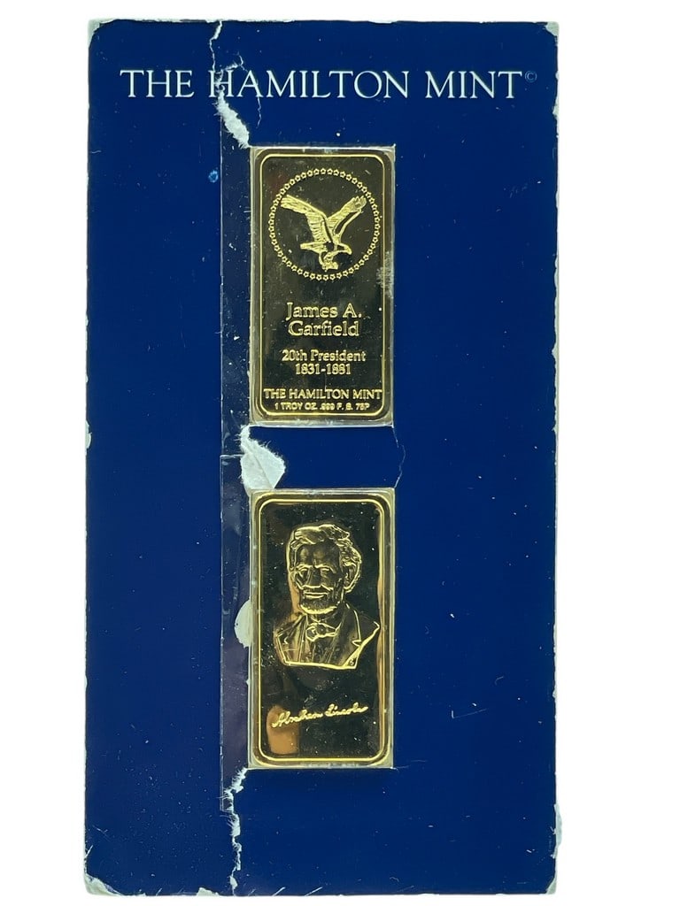 1OZ .999 SILVER GOLD PLATE BAR HAMILTON MINT: VINTAGE 1OZ .999 SILVER GOLD PLATE BAR HAMILTON MINT -LINCOLN , GARFIELD UNITED STATES PRESIDENTS PRESIDENTS -IN PACKAGE , SEE PHOTOS -DP101524