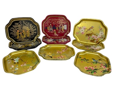 SET OF 16 ELITE TRAYS ASIAN DECORATIVE METAL TRAYS