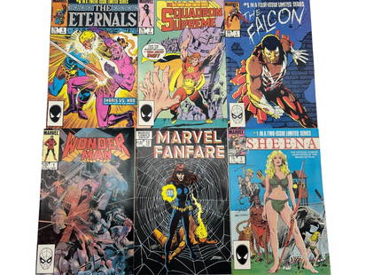 VINTAGE MARVEL COMIC LOT OF 6: – THE ETERNALS #6 – FEATURING XARIS VS. KRO– SQUADRON SUPREME #7 – HIGH DRAMA IN A POWER STRUGGLE– THE FALCON #1 – FIRST ISSUE OF THE 4-PART SERIES– WONDER MAN #1 – EXPLOSIVE SOLO PREM