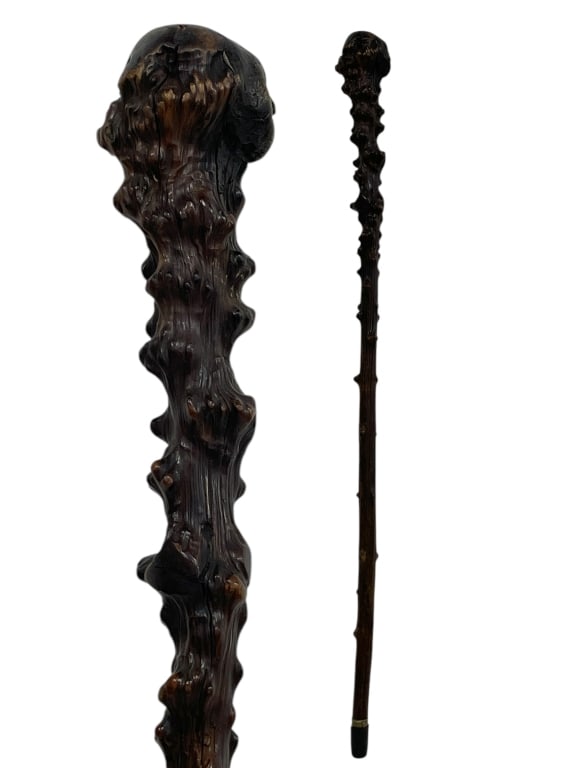 WOODEN WALKING CANE WITH BURLED KNOT HANDLE 35": HAND-CARVED WOODEN WALKING CANE WITH BURLED KNOT HANDLE 35" -VERY GOOD PRE OWNED CONDITION -APPROX 35" -DISTINCTIVE TEXTURED SHAFT WITH NATURAL SPUR DETAILS AND DARK POLISHED FINISH. ORGANIC AND SCULP