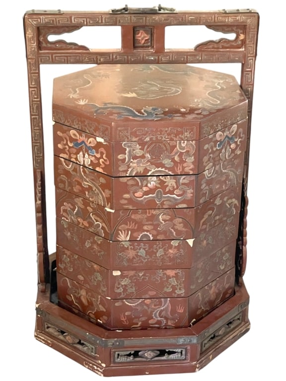 CHINESE LACQUERED WEDDING BASKET 33" (1 of 9)