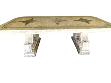 LARGE MARBLE MOSAIC INLAY TABLE W STONE BASE 96"