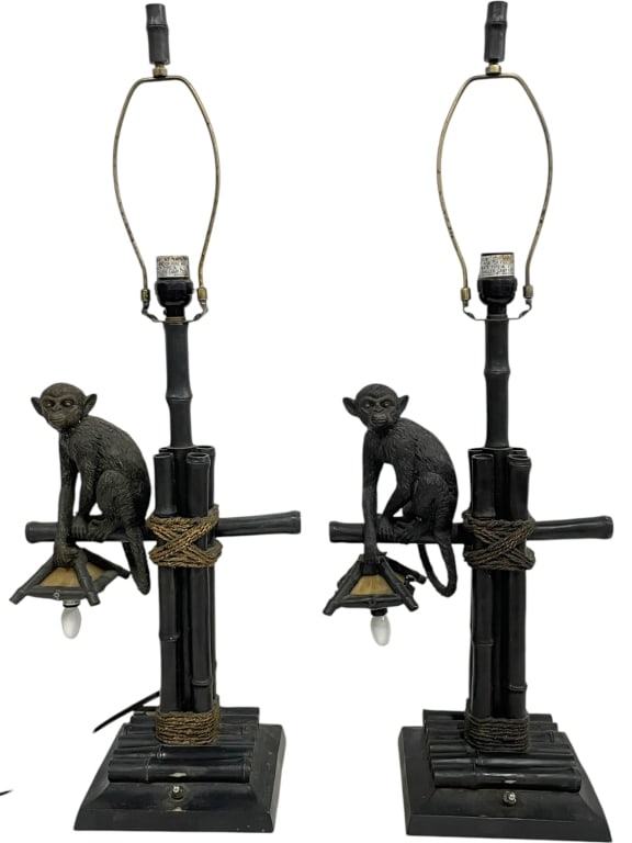 PAIR OF BLACK MONKEY LAMPS WITH BAMBOO BASE 30" (1 of 6)