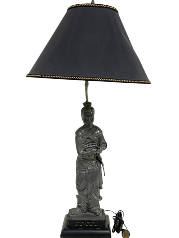 ASIAN WARRIOR STATUE TABLE LAMP 35" H: ASIAN WARRIOR STATUE TABLE OR DESK LAMP WITH BLACK SHADE -ELEGANT AND COMMANDING, THIS STATELY LAMP FEATURES A DETAILED SILVER / PEWTER STYLE METAL WARRIOR FIGURE IN TRADITIONAL ARMOR STANDING ATOP A