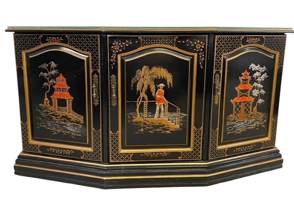 BLACK LACQUER CHINOISERIE SIDEBOARD CABINET 54.5" (1 of 11)