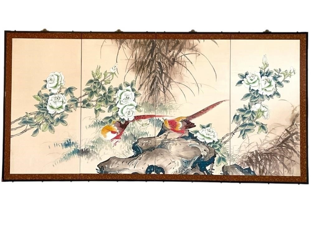 FOUR-PANEL CHINESE HAND-PAINTED WALL SCREEN 72" (1 of 6)