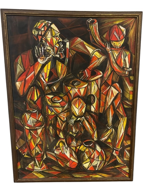 STRIKING MID-CENTURY CUBIST OIL PAINTING 33": - VIBRANT AND POWERFUL CUBIST-STYLE OIL PAINTING DEPICTING A GROUP OF FIGURES ENGAGED IN POTTERY WORK. RICHLY RENDERED IN GEOMETRIC FORMS WITH BOLD TONES OF RED, ORANGE, GOLD, AND BLACK. THE COMPOSITI