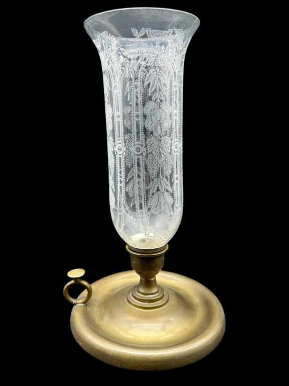 ANTIQUE BRASS CHAMBERSTICK WITH ETCHED GLASS 13" (1 of 4)