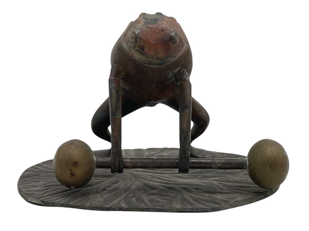 WHIMSICAL BRONZE FROG SCULPTURE LIFTING BARBELL 7" (1 of 7)