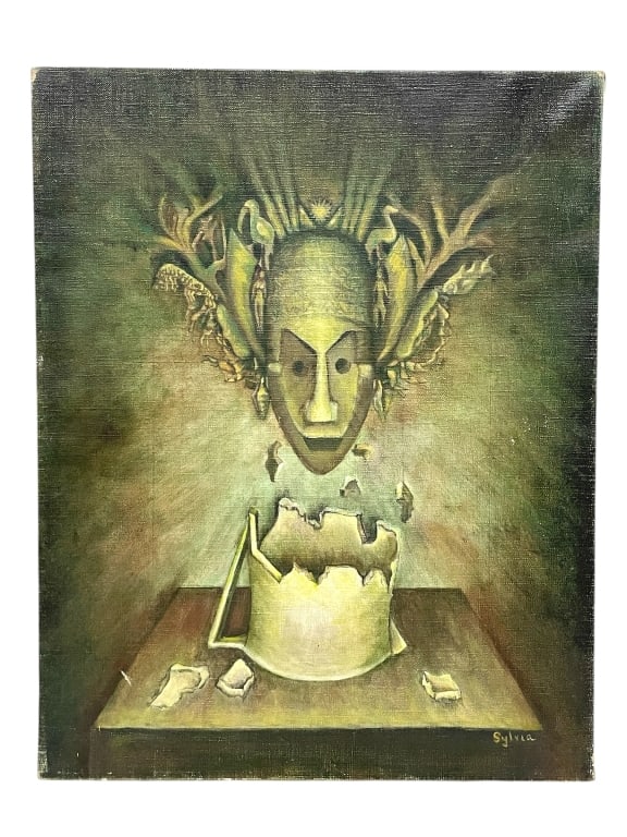 SURREALIST PAINTING ON CANVAS 20": SURREALIST PAINTING ON CANVAS 20" -VERY GOOD PRE OWNED CONDITION -APPROX 20" X 16" -DEPICTS A MASKED FIGURE EMERGING FROM A BROKEN VESSEL WITH ORGANIC, FANTASTICAL ELEMENTS. RICH GREEN AND EARTH TONES