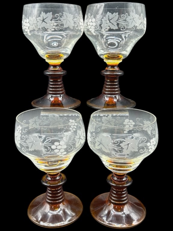 SET OF 4 VINTAGE ETCHED GRAPE & VINE GLASSES 5.5": - CHARMING SET OF FOUR VINTAGE WINE GLASSES FEATURING ETCHED GRAPE AND VINE MOTIFS AROUND THE BOWL AND UNIQUE AMBER-COLORED SPIRAL STEMS. THE COMBINATION OF THE CLEAR ETCHED GLASS WITH THE RICH AMBER 