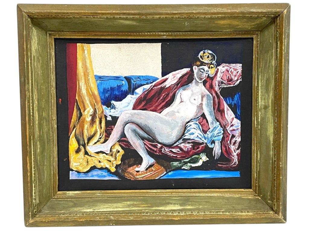 MODERNIST PAINTING OF A RECLINING WOMAN 17.5": MODERNIST PAINTING OF A RECLINING WOMAN 17.5" -VERY GOOD PRE OWNED CONDITION -APPROX 17.5" X 15" -RICHLY COLORED WITH EXPRESSIVE BRUSHSTROKES AND BOLD CONTRASTS. FRAMED IN A HEAVY ANTIQUE-STYLE GILT F