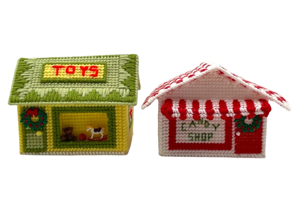 PAIR OF VINTAGE PLASTIC CANVAS CHRISTMAS SHOPS (1 of 5)
