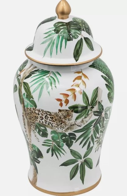 ANITA GINGER JAR WITH LEOPARD 18": ANITA GINGER JAR WITH SAFARI LEOPARD -COMBINING THE SMOOTH, CRISP CHARM OF PORCELAIN WITH THE BEAUTY OF NATURE, THIS DECORATIVE GINGER JAR WILL BRING BOTH VERSATILE FUNCTION AND BOHO STYLE TO YOUR DEC