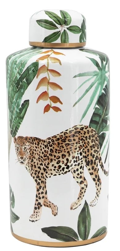 ANITA LIDDED JAR WITH LEOPARD 14": ANITA LIDDED JAR WITH SAFARI LEOPARD -14" X 6" D -COMBINING THE SMOOTH, CRISP CHARM OF PORCELAIN WITH THE BEAUTY OF NATURE, THIS DECORATIVE GINGER JAR WILL BRING BOTH VERSATILE FUNCTION AND BOHO STYLE