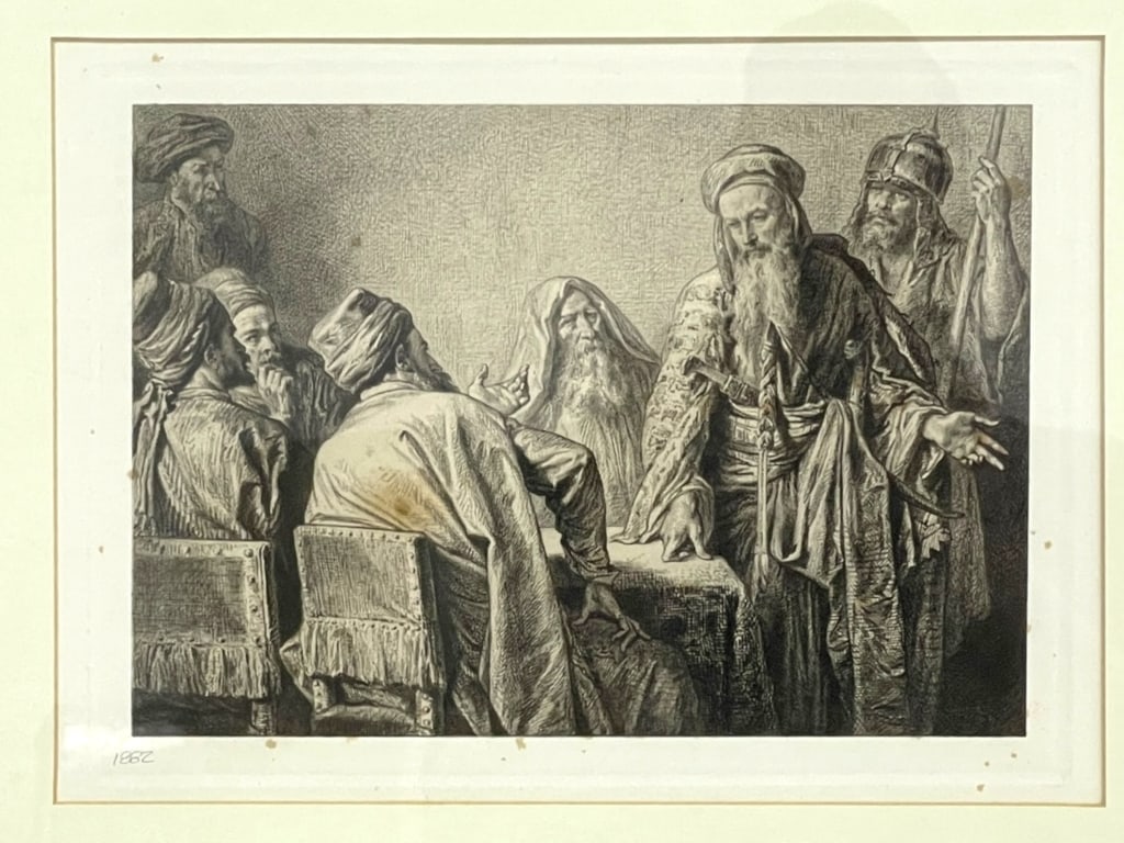 1882 ENGRAVING AFTER ALEXANDRE BIDA: FRAMED 1882 ENGRAVING AFTER ALEXANDRE BIDA — DRAMATIC BLACK AND WHITE ETCHING DEPICTING A GROUP OF ELDERS IN DEEP DISCUSSION AROUND A TABLE — MASTERFUL DETAIL IN THE FACES, ROBES, AND TEXTURE, REF
