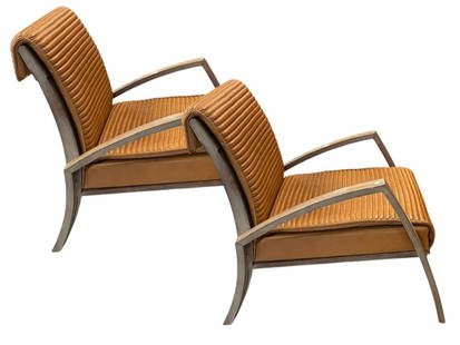 PAIR OF EKENA BRAZILIAN LEATHER CHANNEL ARM CHAIRS: PAIR OF EKENA BRAZILIAN LEATHER CHANNEL ARM CHAIRS | ART DECO DESIGN -MEASURE - ATMOSPHERE CHAIRS NEW YORK DESIGNER DCOTA CENTER BROWN LEATHER HORIZONTAL CHANNEL FABRIC -33" X 34" X 28" APPROX EACH -1