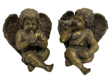 PAIR OF VINTAGE GOLD-TONE CHERUB STATUES 9"