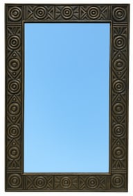 LARGE CARVED WOOD FRAME MIRROR W TRIBAL MOTIF 63"