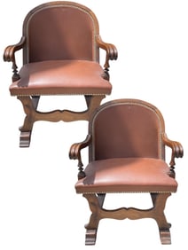 ANTIQUE STYLE WOOD & LEATHER NAILHEAD CHAIRS