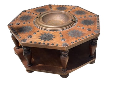 HEXAGONAL SPANISH STYLE COFFEE TABLE W BRASS BASIN