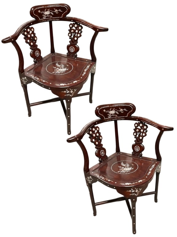 CHINESE EXPORT STYLE MOTHER-OF-PEARL CHAIRS: PAIR OF CHINESE EXPORT STYLE MOTHER-OF-PEARL INLAID CORNER CHAIRS – EXQUISITELY CRAFTED WITH CURVED BACKS, OPENWORK SPLATS, AND A STRIKING DARK MAHOGANY FINISH. EACH CHAIR FEATURES DETAILED MOTHER-O