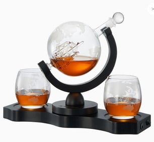 NEW ROTATING WHISKEY DECANTER GLOBE SET/ 2 GLASSES