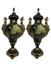 PAIR OF MONUMENTAL HAND-PAINTED PORCELAIN URNS 38"