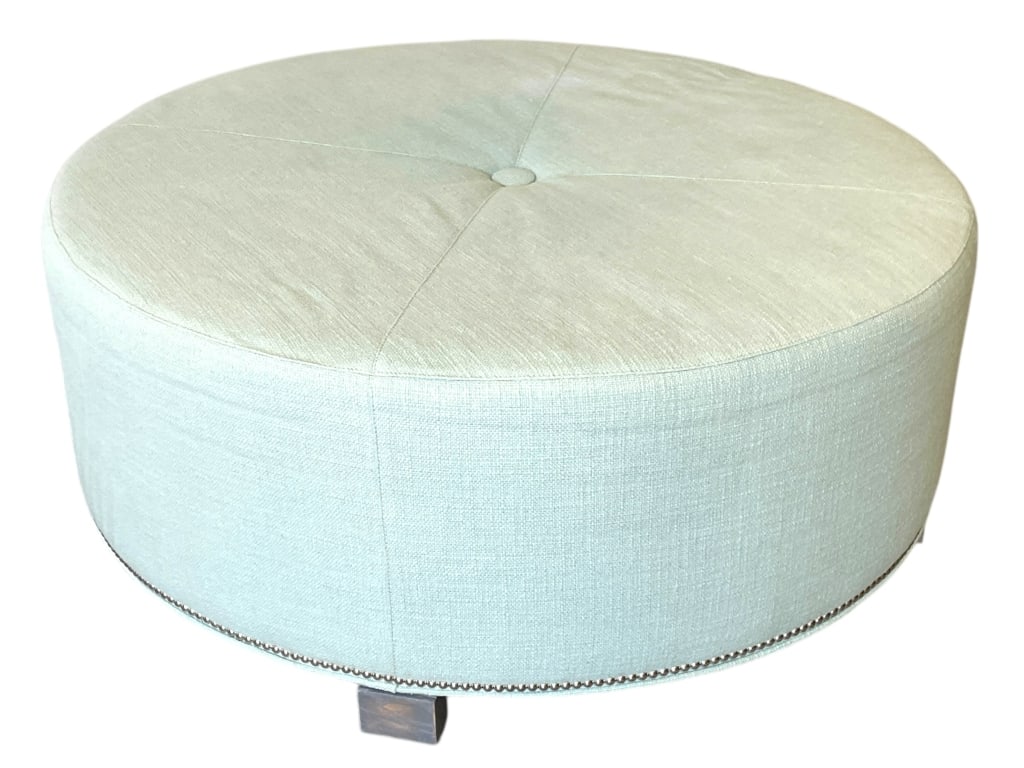 ROUND AQUA UPHOLSTERED COCKTAIL OTTOMAN 41" (1 of 5)