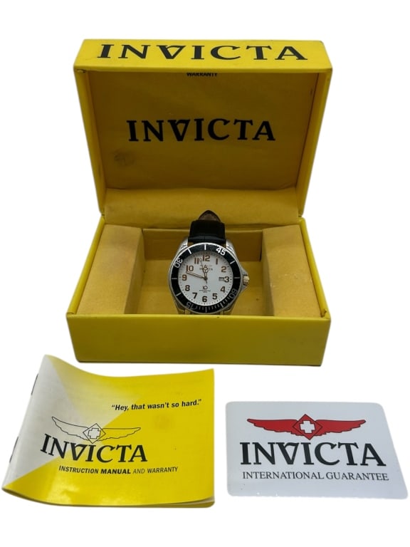 INVITICA MENS WATCH MODEL #4030: - INVICTA MEN'S WATCH WITH ORIGINAL BOX, INSTRUCTION MANUAL, AND INTERNATIONAL GUARANTEE CARD. FEATURES A WHITE DIAL WITH LARGE BLACK ARABIC NUMERALS, BLACK BEZEL, AND BLACK LEATHER STRAP. COMES IN CL