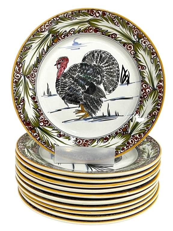 ITALY HAND PAINTED TURKEY DINNER PLATES (11): ITALY HAND PAINTED TURKEY DINNER PLATES (11) -GOOD PRE OWNED CONDITION, SOME SMALL CHIPS NEAR EDGES (SEE PHOTOS) -APPROX 10" -SET OF 11 PLATES -EACH FEATURES A COLORFUL TURKEY CENTER WITH A DECORATIVE