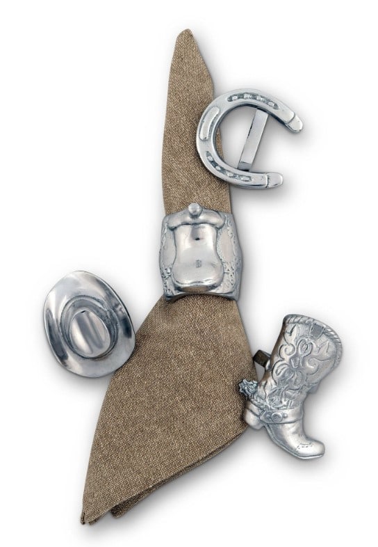 ARTHUR COURT WESTERN NAPKIN RINGS NIB: Accessorize your Western-themed party with this set of four unique napkin rings from Arthur Court. Enliven the party conversation as guests unfold their napkins and compare the different rings, which 