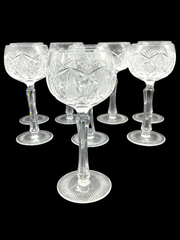 8 NACHTMANN TRAUBE STYLE CLEAR CUT CRYSTAL GLASSES: 8 NACHTMANN TRAUBE STYLE EXTRA TALL WINE HOCK GLASS CUT CRYSTAL GLASS | -SET OF 8 VINTAGE CUT GLASS GOBLETS – INTRICATELY FACETED BOWLS WITH STARBURST AND CROSSHATCH PATTERNS – ELEGANT ELONGATED S