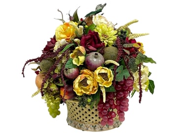 FAUX FLORAL & FRUIT ARRANGEMENT IN CERAMIC BASKET