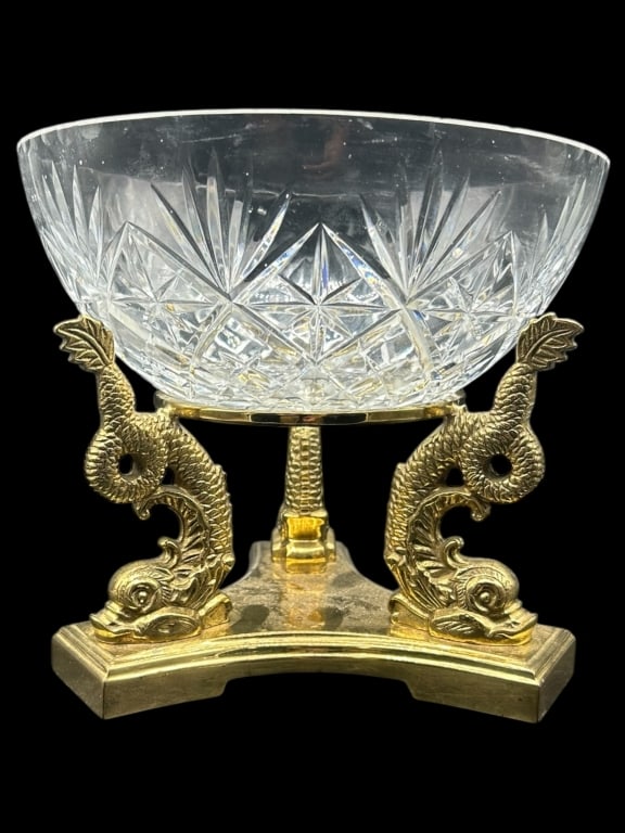 VINTAGE CUT CRYSTAL BOWL ON BRASS VASE 9" (1 of 5)