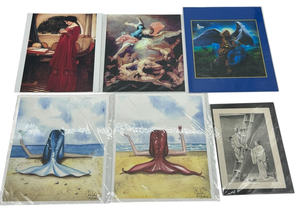 LOT OF 7 MIXED MEDIA ART PRINTS 11": - DIVERSE COLLECTION OF SEVEN ART PRINTS FEATURING A RANGE OF STYLES AND SUBJECTS. INCLUDES CLASSICALLY INSPIRED WORKS SUCH AS "THE CRYSTAL BALL" BY JOHN WILLIAM WATERHOUSE AND A DRAMATIC RENAISSANCE-