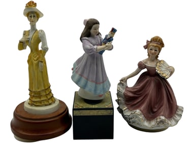 SET OF 3 VINTAGE LADY MUSIC BOX FIGURINES 8"