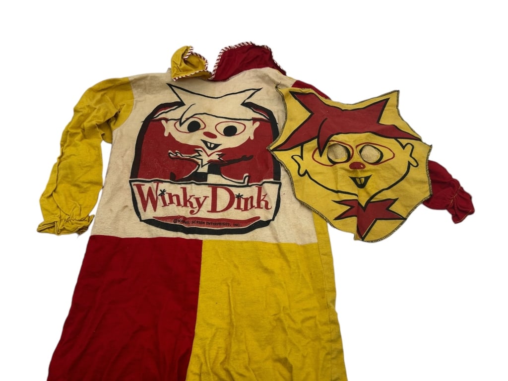 WINKY DINK CHARACTER COSTUME 1953-1957 SZ L: - VINTAGE 1950S WINKY DINK HALLOWEEN COSTUME BY HALCO WITH ORIGINAL BOX - FEATURING A BRIGHTLY COLORED RED, YELLOW, AND CREAM CLOTH COSTUME AND MATCHING MASK DEPICTING THE ICONIC TELEVISION CHARACTER