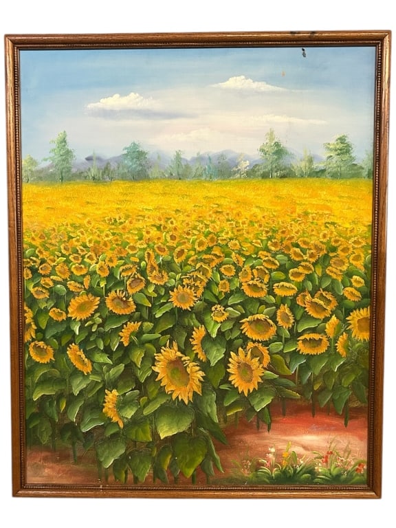 SUNFLOWER FEILD OIL PAINTING 25": - VIBRANT LARGE OIL ON CANVAS PAINTING OF A SUNFLOWER FIELD – BURSTING WITH COLOR AND LIFE, THIS BEAUTIFUL LANDSCAPE CAPTURES A SWEEPING FIELD OF SUNFLOWERS UNDER A BRIGHT BLUE SKY WITH DISTANT MOUN