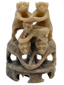 CHINESE SOAPSTONE SCULPTURE OF FIVE MONKEYS 3"