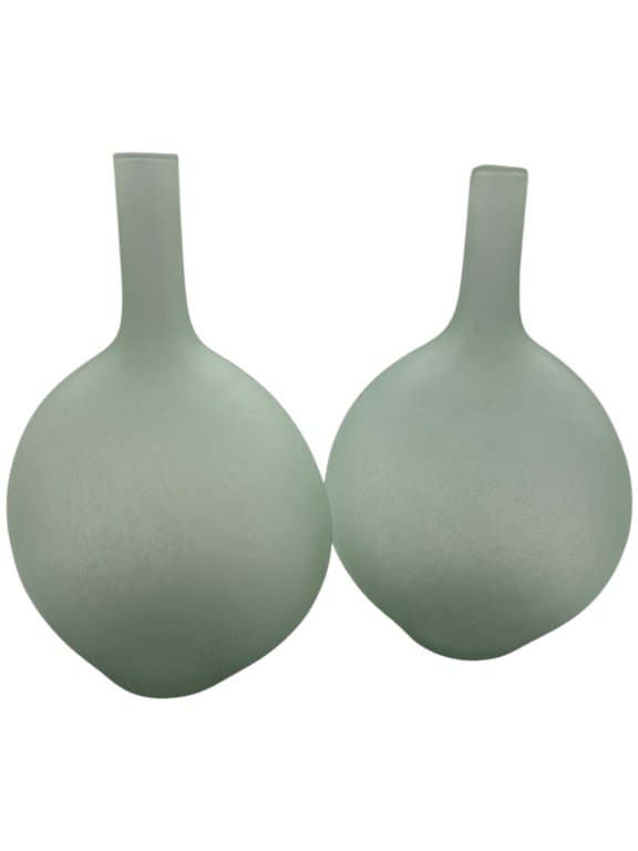 PAIR OF FROSTED SEAFOAM GREEN MODERN VASES 14": - MINIMALIST ORGANIC FORMS WITH A SATIN-LIKE MATTE FINISH, THESE ELEGANT VESSELS FEATURE A SUBTLY TEXTURED SURFACE AND SLENDER NECKS. A SOOTHING, SPA-INSPIRED COLOR PALETTE THAT COMPLEMENTS CONTEMPORA