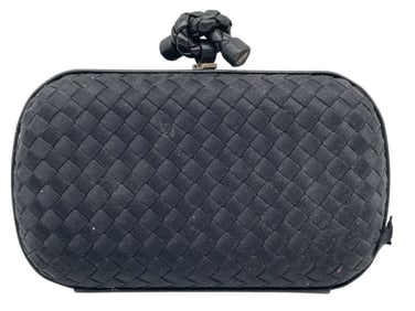 BOTTEGA VENETA BLACK WOVEN LEATHER KNOT CLUTCH 6"