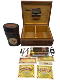 VINTAGE CIGAR HUMIDOR SET WITH ACCESSORIES 9"