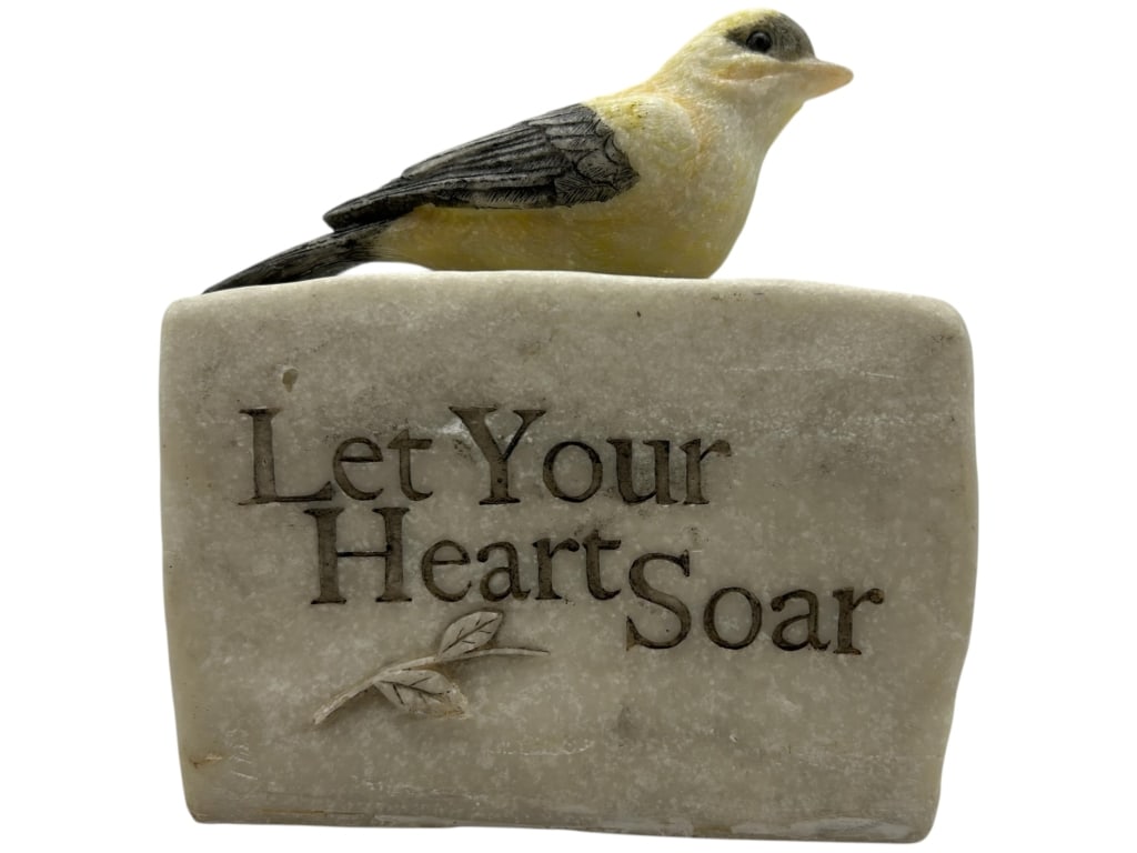INSPIRATIONAL STONE PLAQUE WITH BIRD 7": -INSPIRATIONAL STONE PLAQUE WITH BIRD – “LET YOUR HEART SOAR” – UPLIFTING DECORATIVE PLAQUE FEATURING A FINELY SCULPTED BIRD PERCHED ATOP A TEXTURED FAUX-STONE BLOCK INSCRIBED WITH THE MES