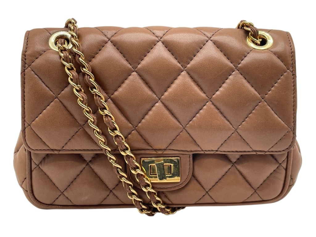 LALO QUILTED CAMEL LEATHER CHAIN STRAP BAG: LALO QUILTED CAMEL LEATHER CHAIN STRAP SHOULDER BAG -VERY GOOD PRE OWNED CONDITION -APPROX 8" X 5.5" X 1.5" -FEATURES DIAMOND STITCHING, FLAP FRONT WITH TURNLOCK CLOSURE, AND GOLD-TONE CHAIN AND LEATH
