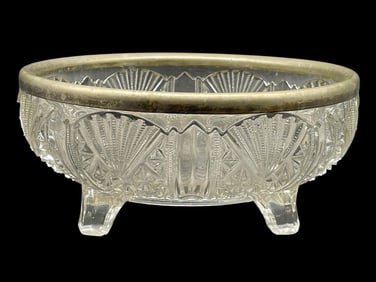 PRESSED GLASS FOOTED BOWL W/ METAL RIM 8"